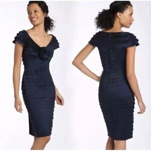 Tadashi Shoji Rosette Cap Sleeve Sheath Cocktail Dress Navy Blue Women 8 Elegant